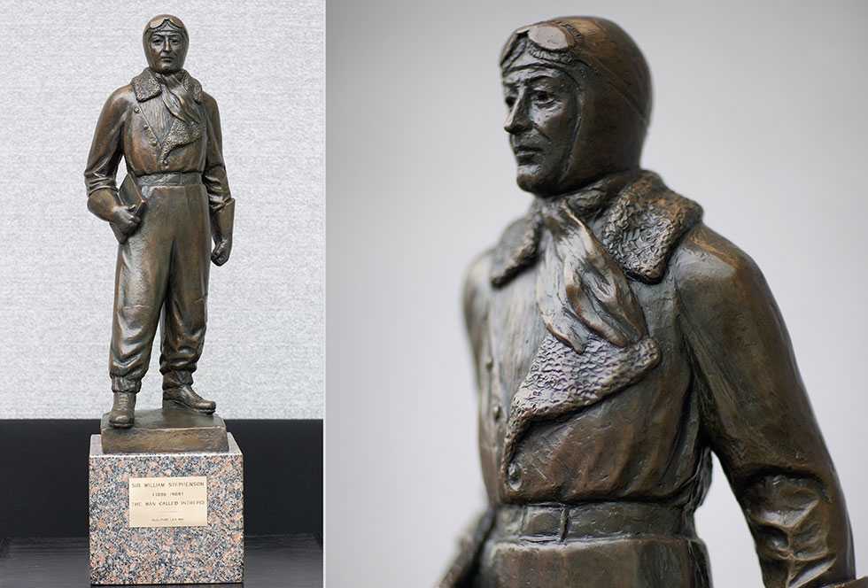 Two different views of a bronze 22-inch statue of Sir William Stephenson.