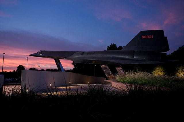 A profile shot of the OXCART outisde CIA Headquarters at dusk.