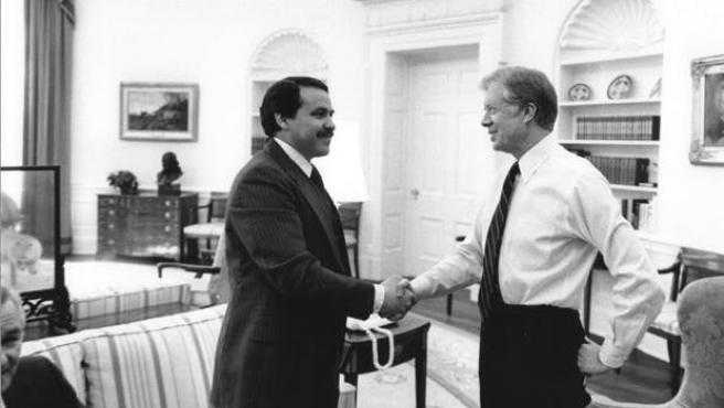 Then-President Jimmy Carter (right) congratulates CIA officer Tony Mendez (left) on his successful Argo operation, 1980.