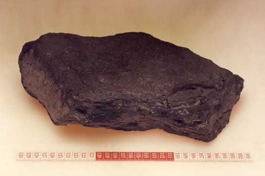 A photo of a dark brown rock with a red ruler beside it.
