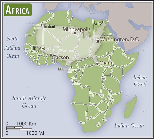 Africa-US area comparison map