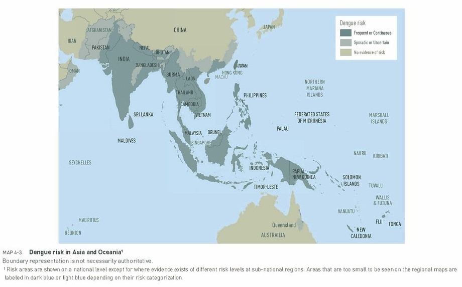 Map depicting the risk of Dengue fever in South Asia, Southeast Asia, and the Pacific Islands areas