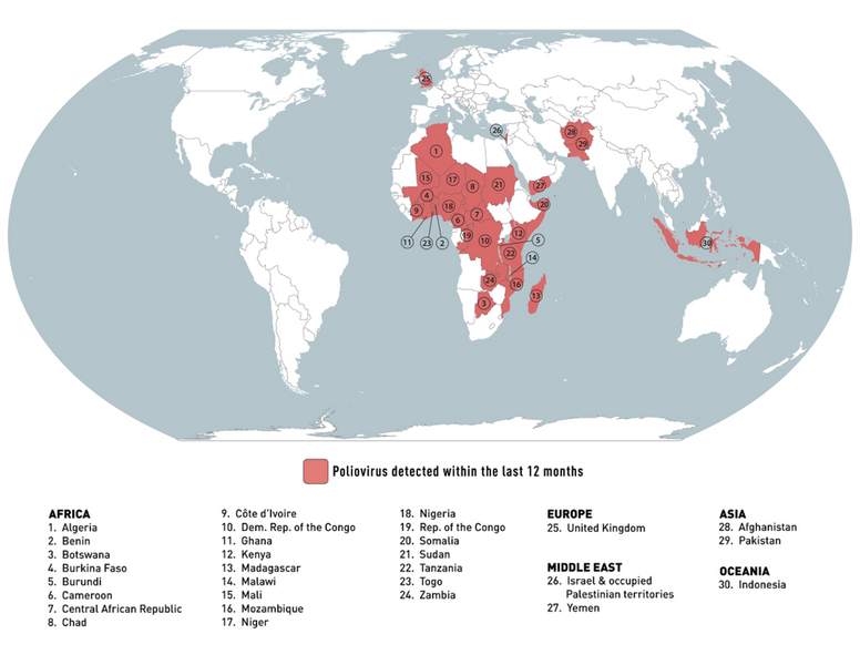 International destinations known to have circulating poliovirus