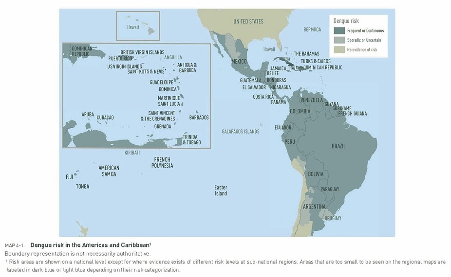 Map depicting those area at risk for Dengue fever in the Western Hemisphere