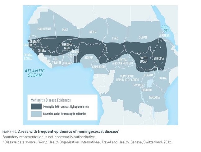 N. meningitidis is found worldwide, but the highest incidence occurs in the “meningitis belt” of sub-Saharan Africa shown here