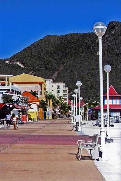 A wide pedestrian avenue in Philipsburg, the capital of Sint Maarten.