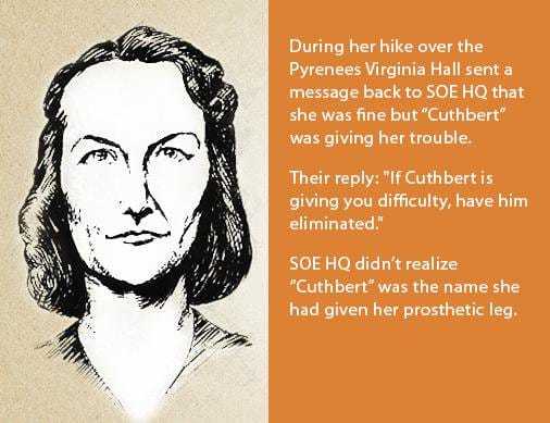 A sketch of Virginia Hall next to text about Virginia Hall's story.