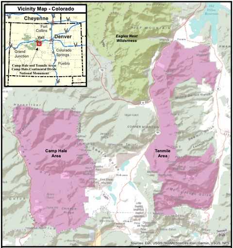 map showing Camp Hale and Ten Mile Range in Colorado