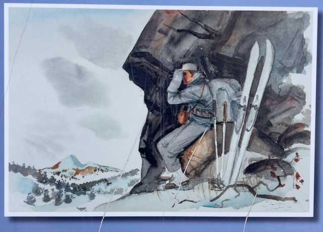 A drawing of a skier standing next to a huge rock high up in a snowy mountain, with binoculars, looking outward