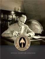 Front cover of the OSS Official Exhibition Catalogue showing a man at his desk signing paper.
