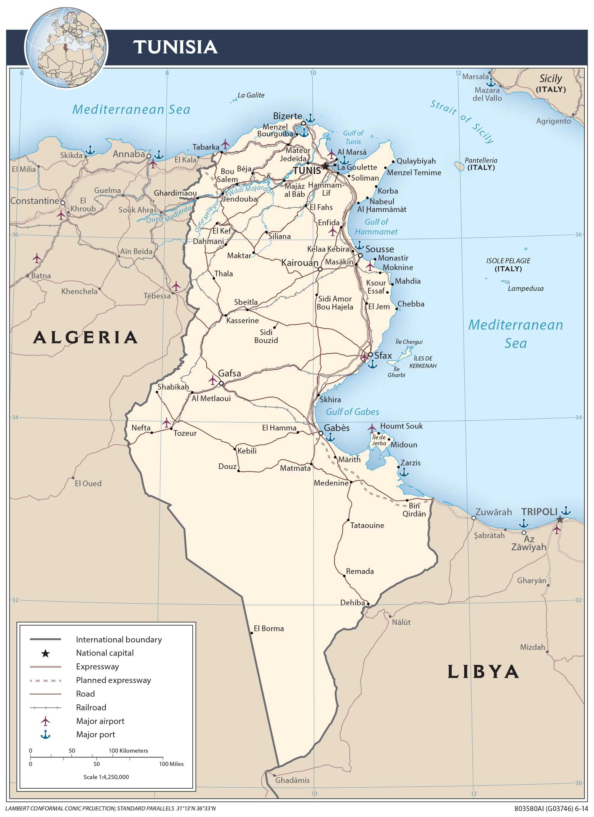 Transportation map of Tunisia.