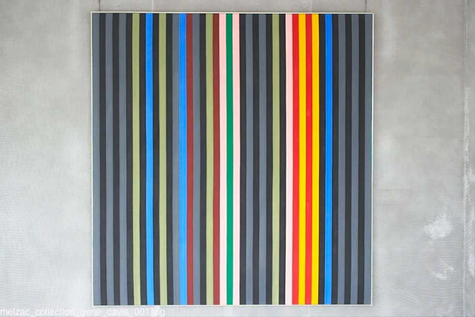 A painting with gray, black, green, blue, brown, pink, red, and yellow vertical stripes.