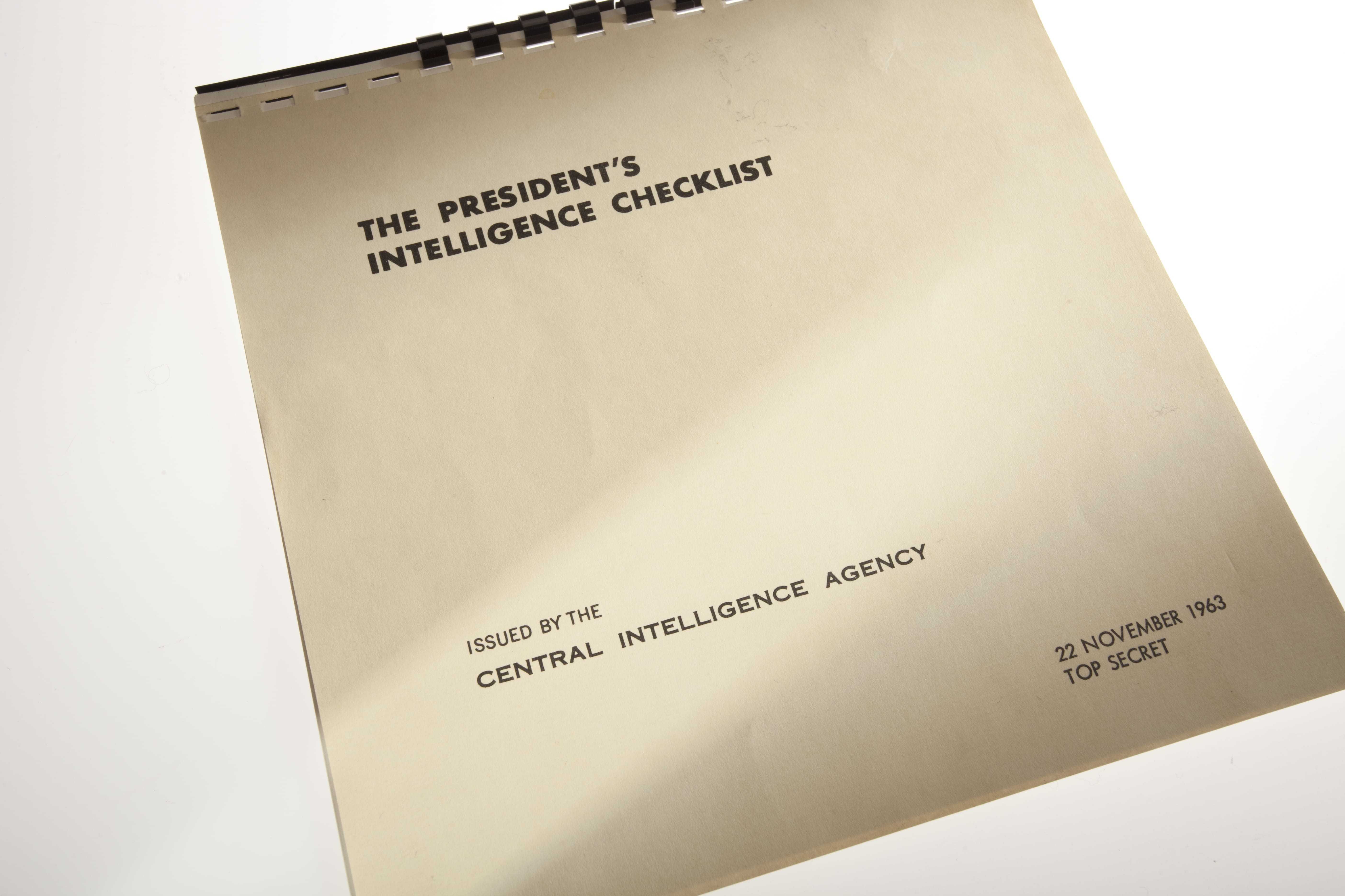 A paper titled "The President's Intelligence Checklist" dated 22 November 1963 and marked "Top Secret."