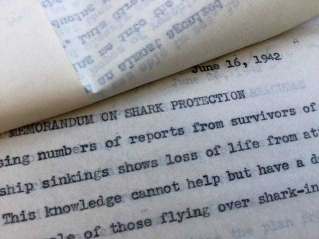 A photograph of tan colored stack of paper with typewriter script.