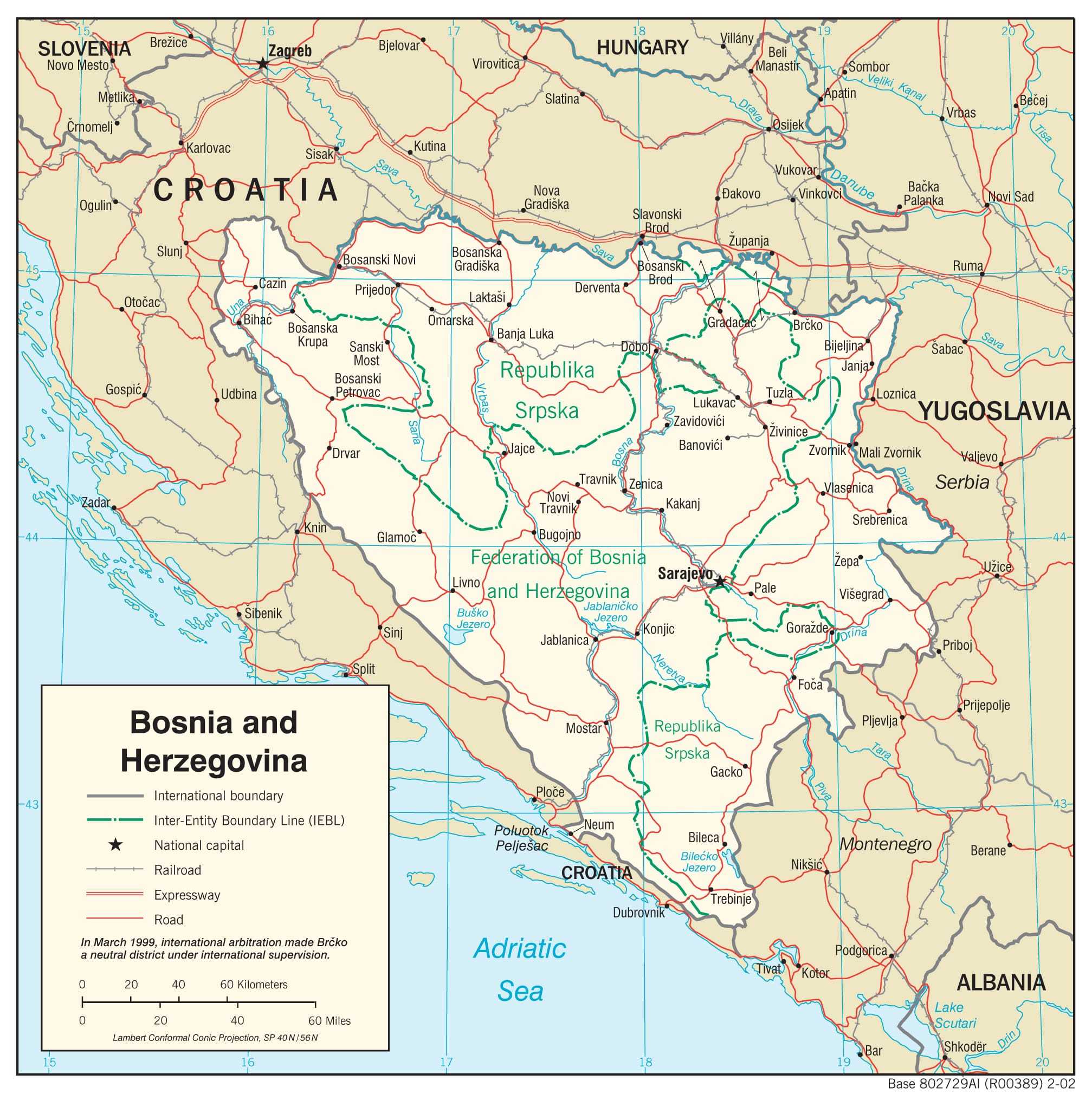 Transportation map of Bosnia Herzegovina.