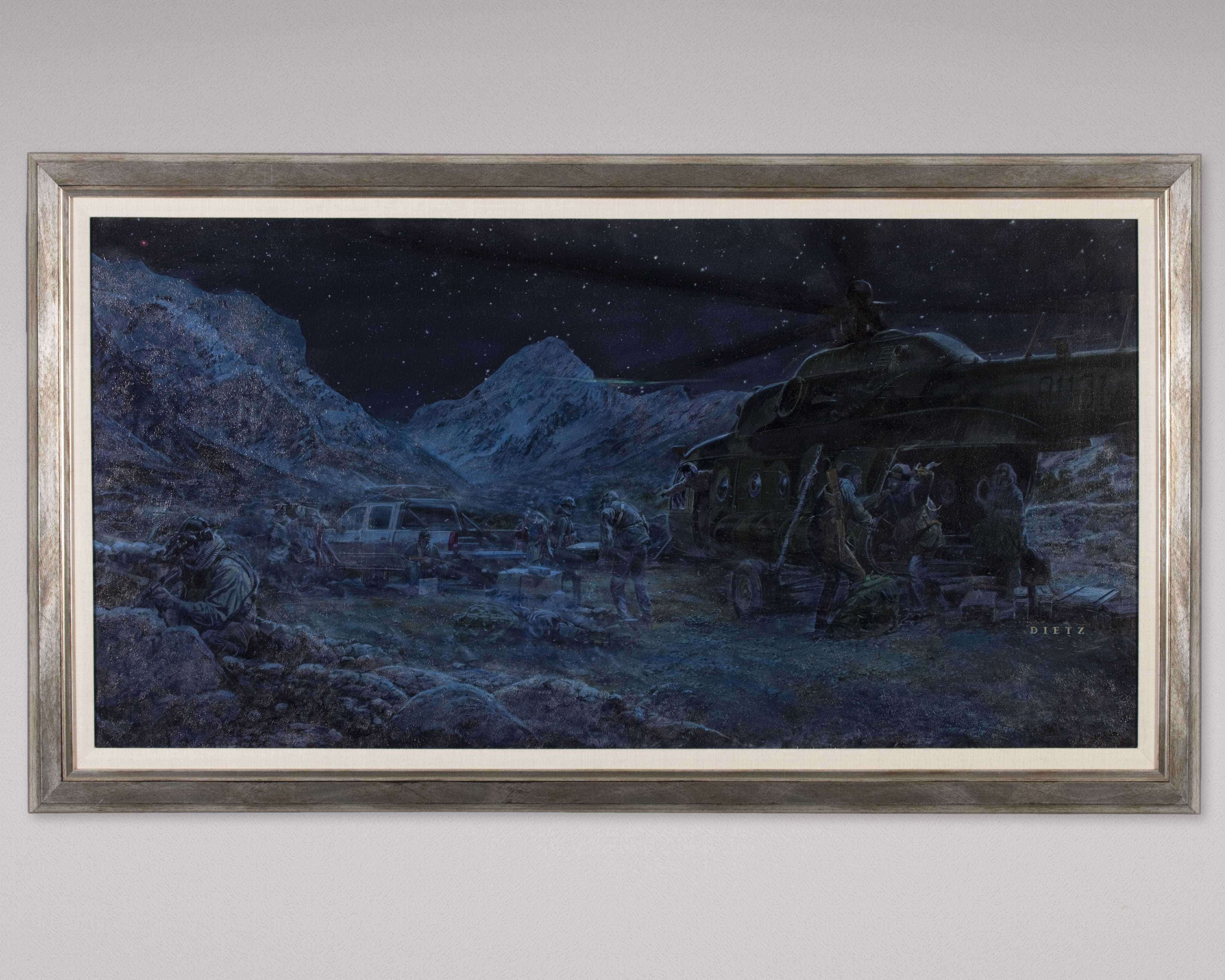 A painting of US soldiers unloading supplies from a Mi-17 helicopter in Afghanistan at night