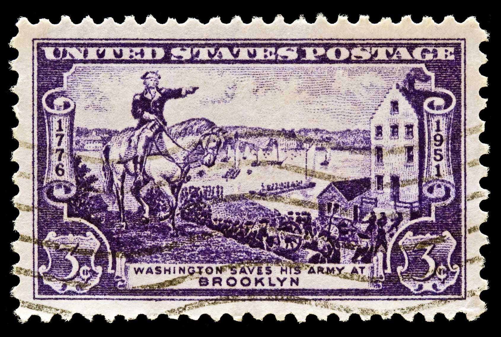 A United States Postage stamp featuring George Washington on horse leading his army.