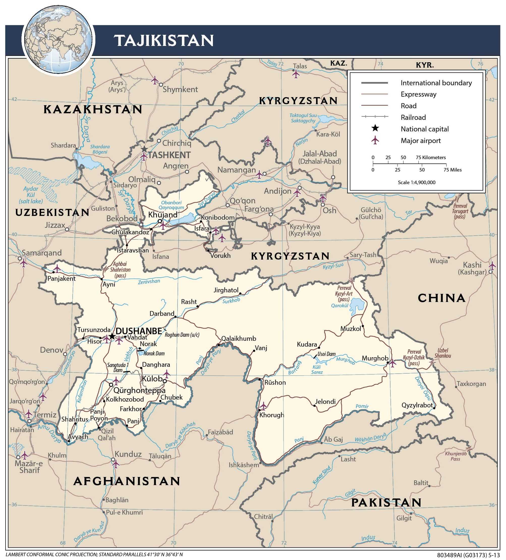 Transportation map of Tajikistan.