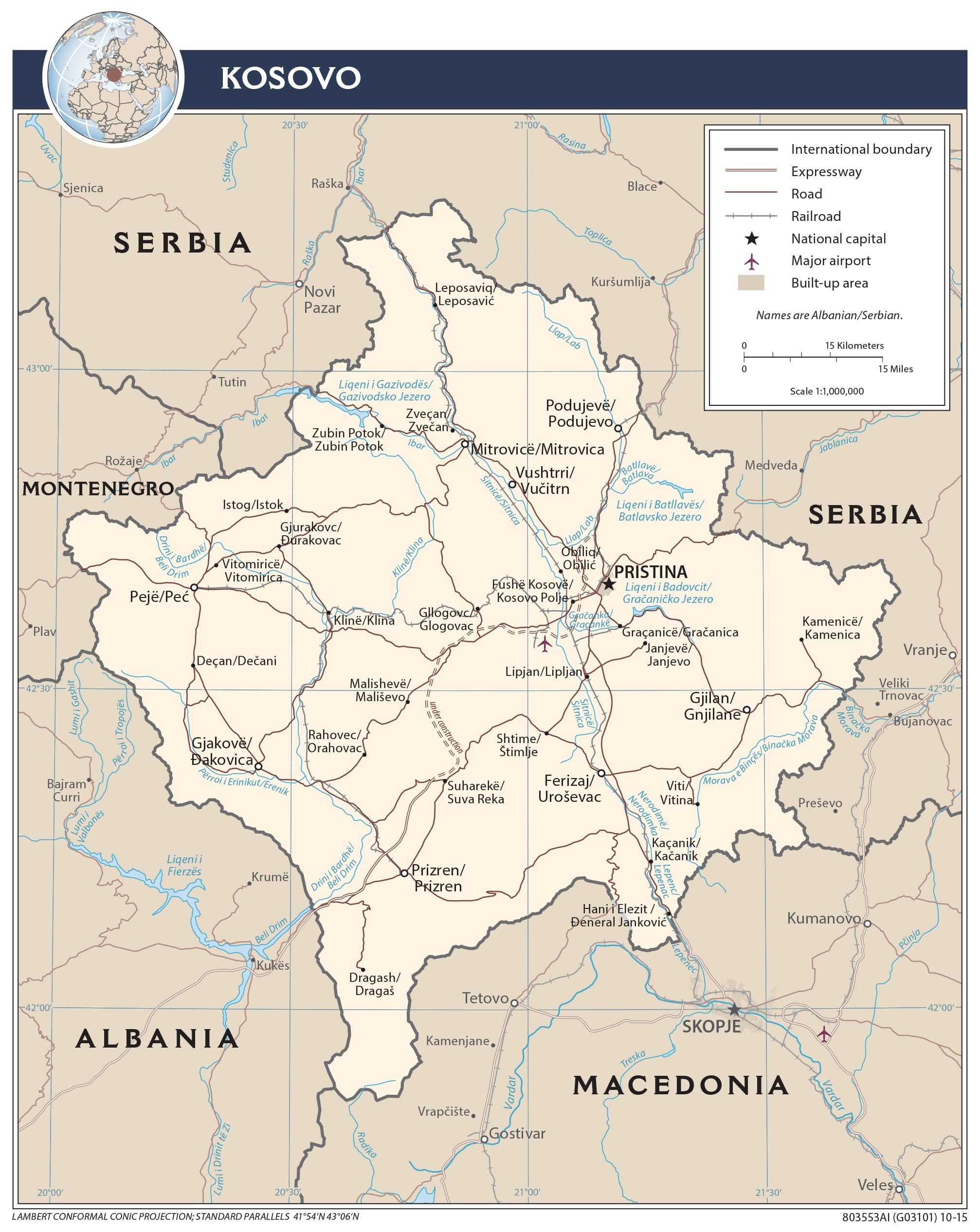 Transportation map of Kosovo.