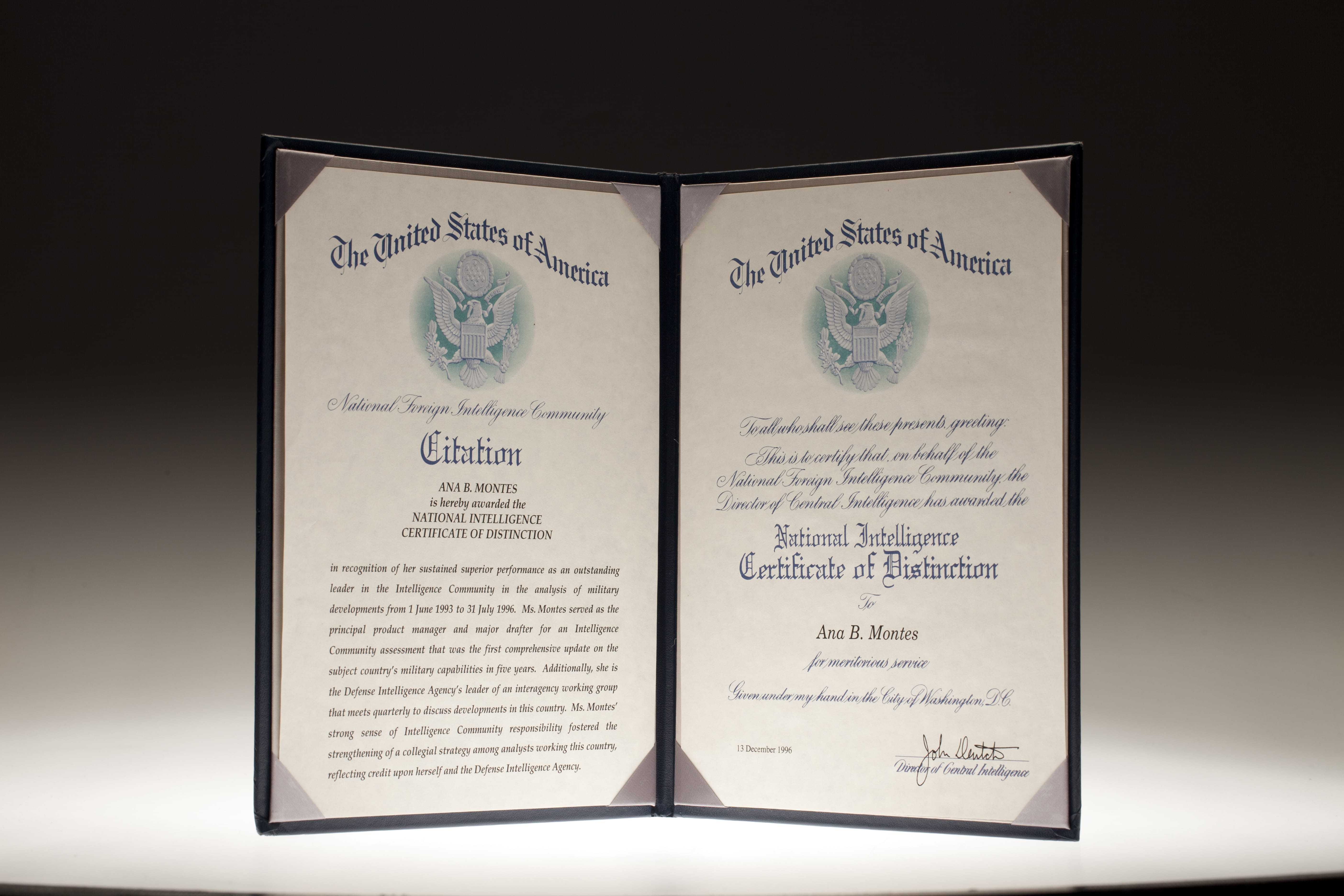 A National Intelligence Certificate of Distinction awarded to Ana Belen Montes in 1997.