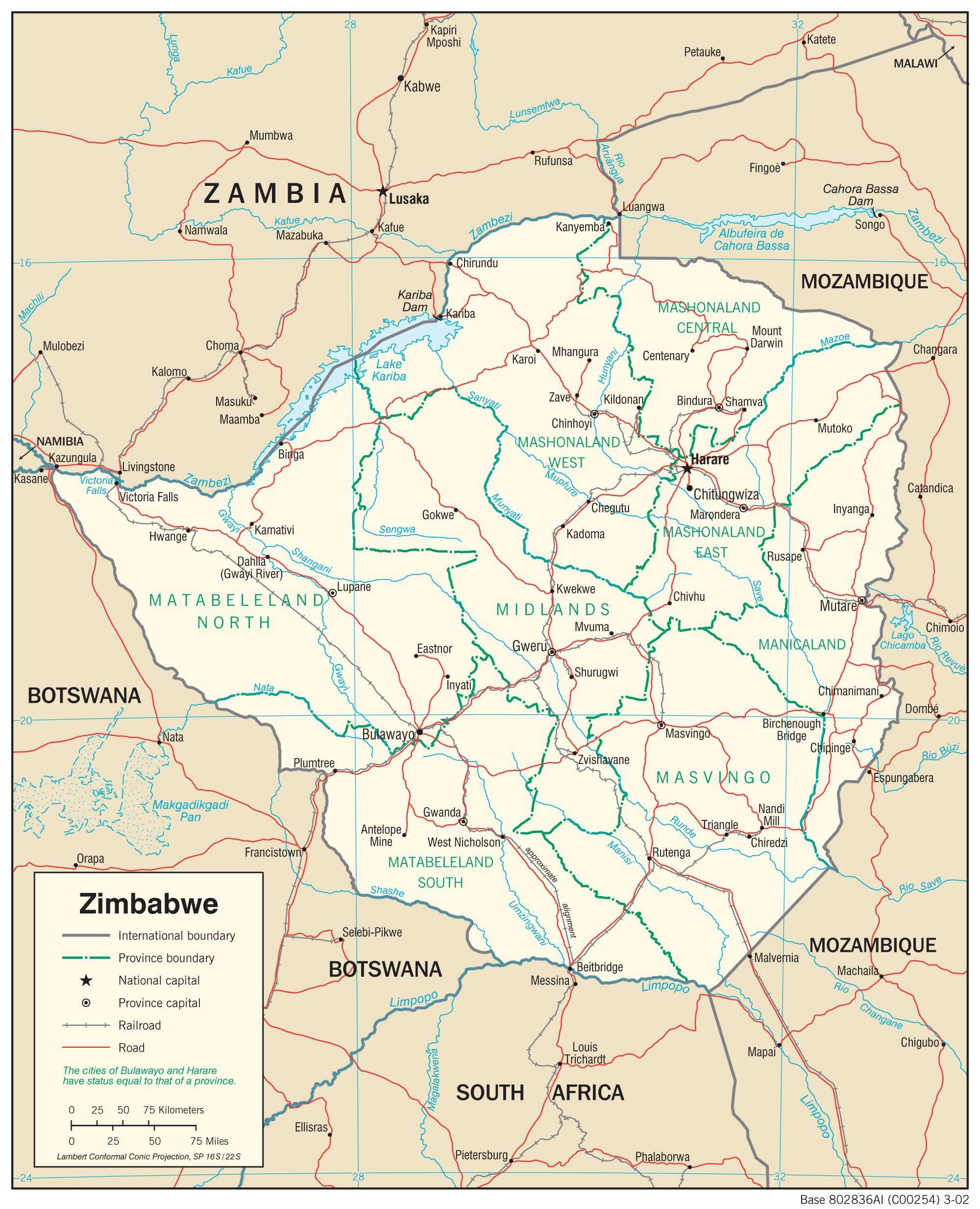 Transportation map of Zimbabwe.