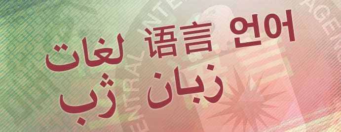 A green and red banner image featuring the CIA seal and words written in multiple languages.