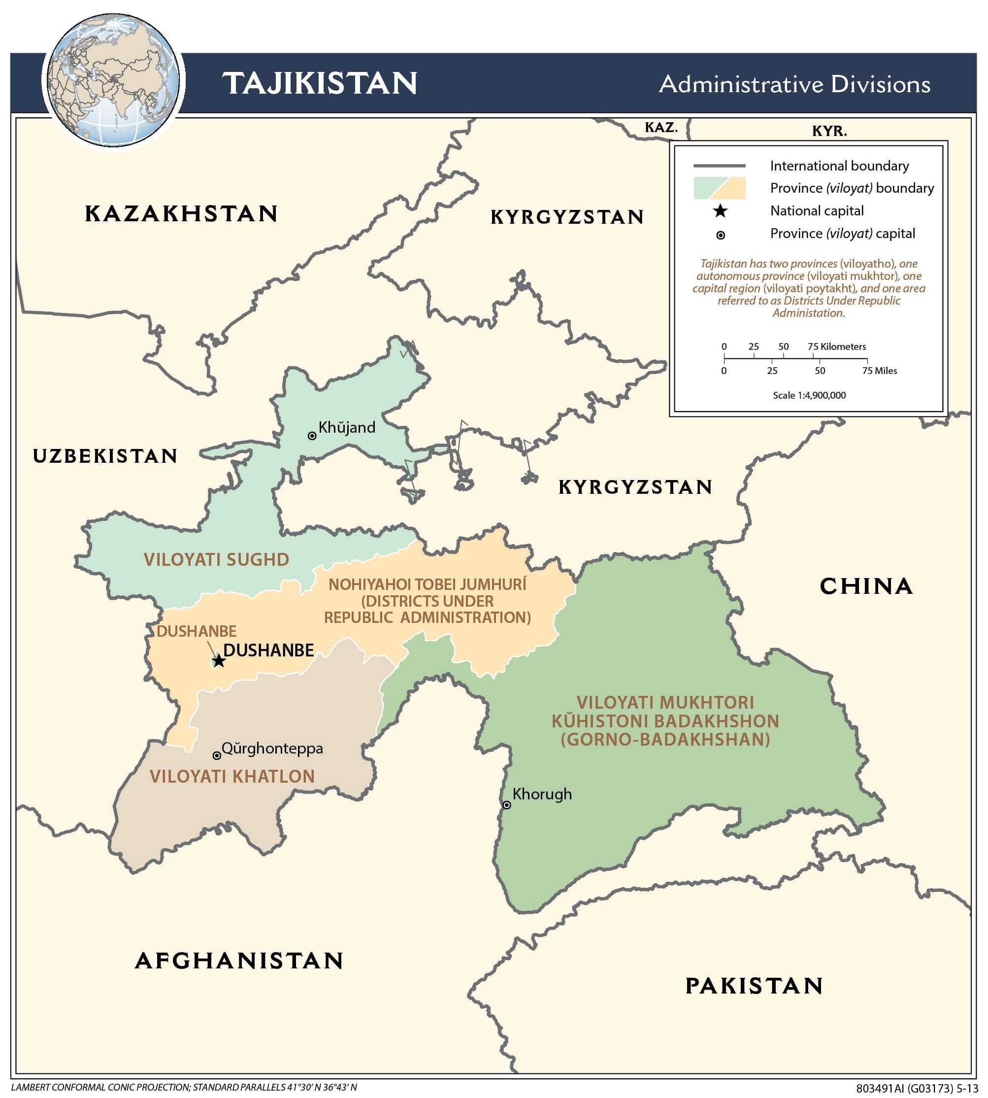 Administrative map of Tajikistan.