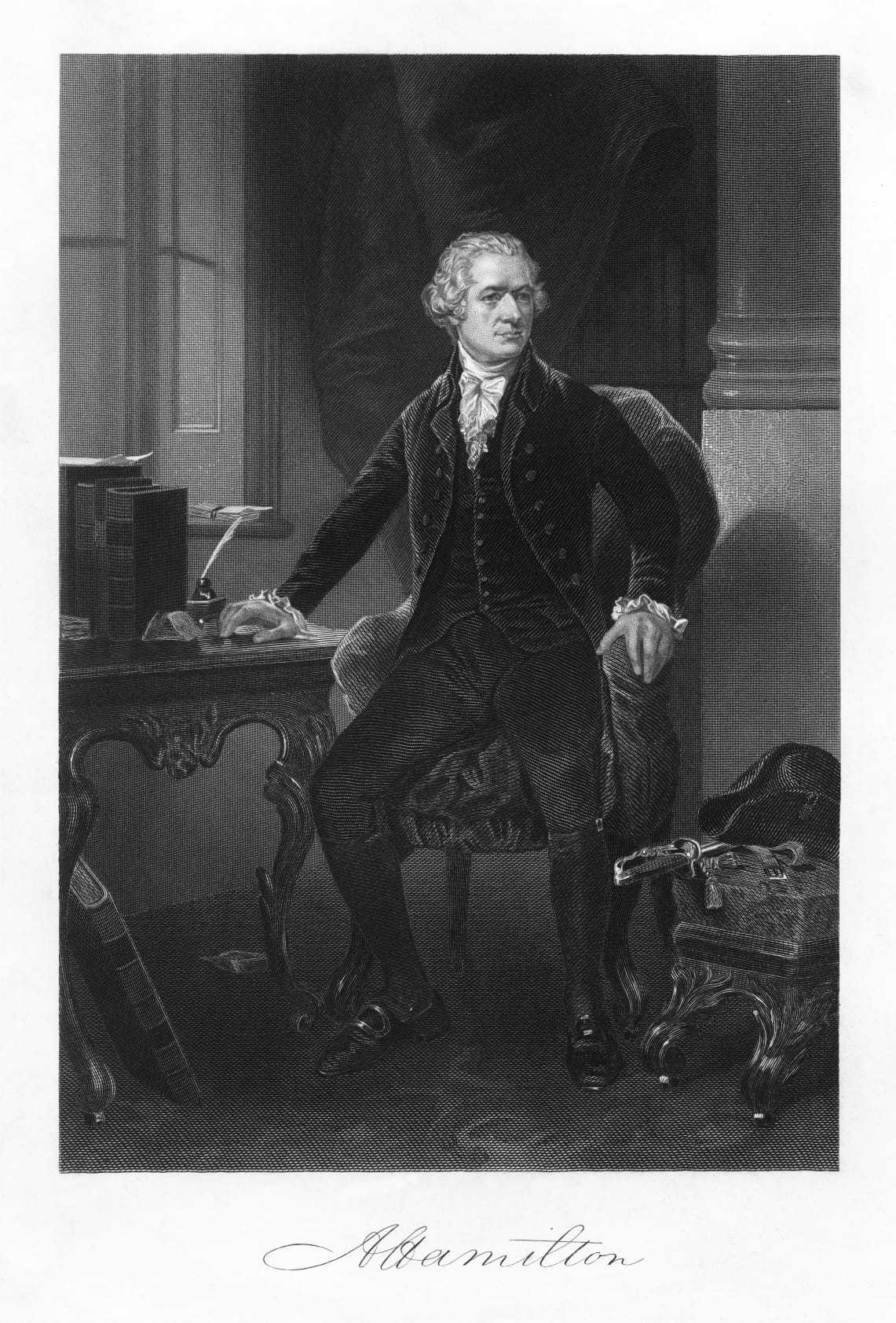 A black and white portrait of Alexander Hamilton.