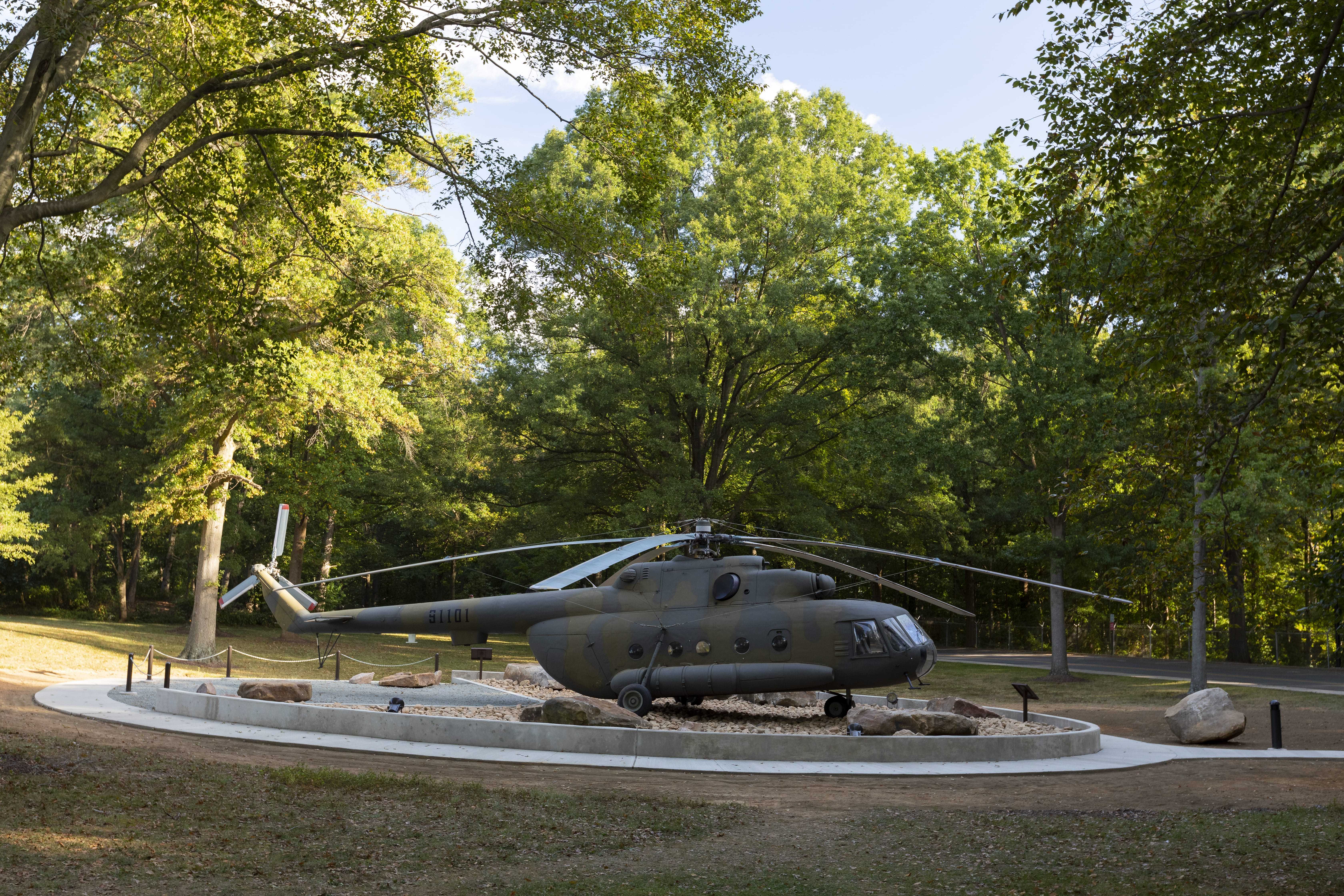 Profile view of Mi-17 helicopter on display at CIA Headquarters.