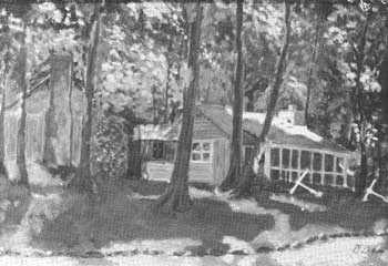 oil painting in black and white of cabins in forest.