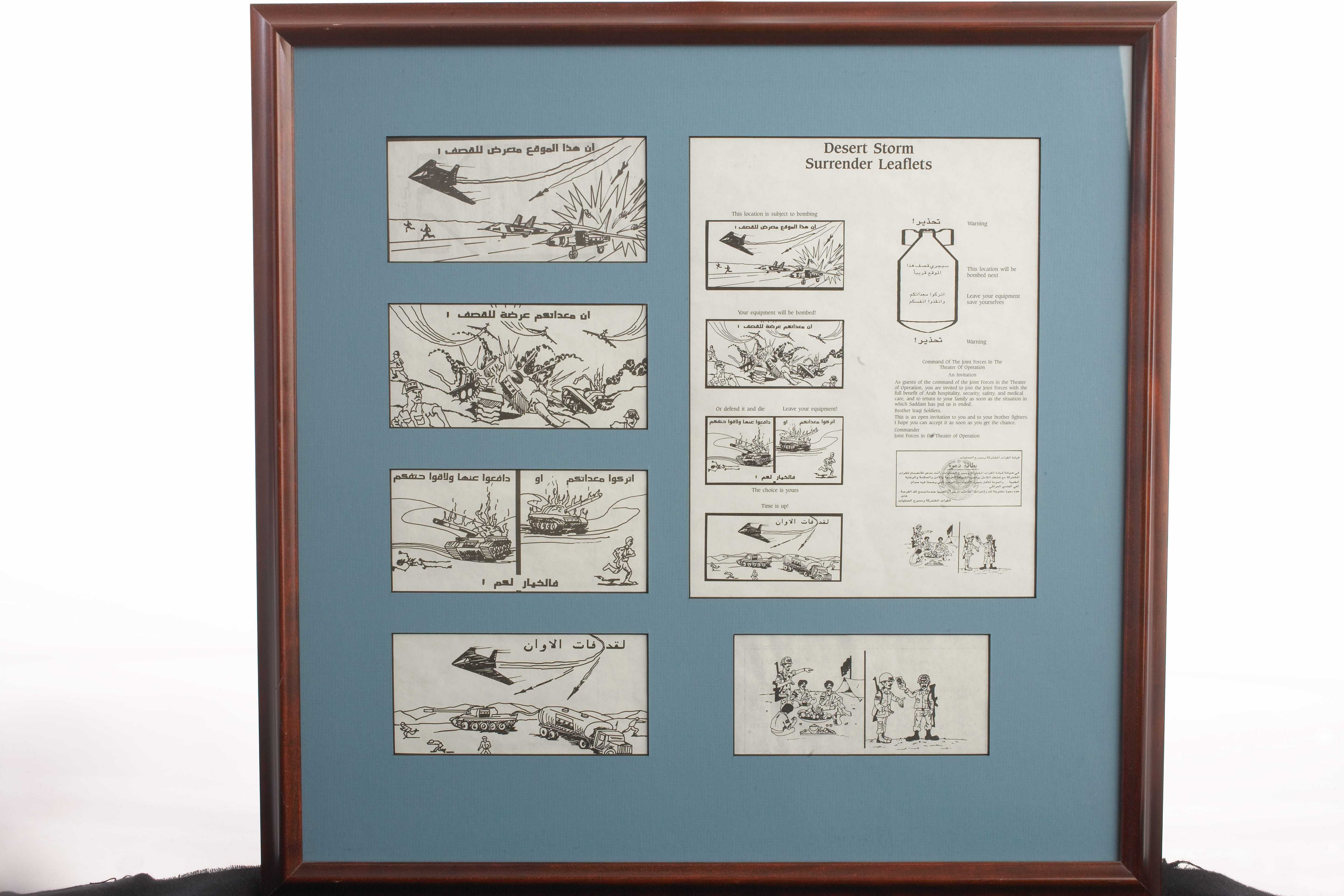 A collection of 6 framed leaflets with black and white illustrations of warfare