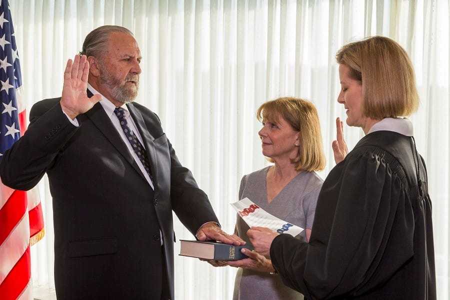 Deputy Director Vaughn Bishop’s swearing-in, with his wife, and Judge Dabney Friedrich of the US District Court for DC.