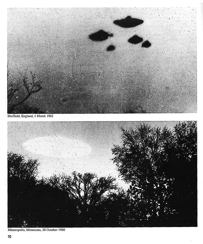 A black and white photograph of five black silhouettes of UFOs above forestry.