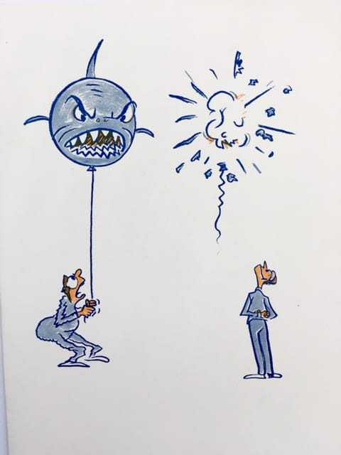 A cartoon illustration of a man shivering in fear with a shark balloon on the left and a man without fear looking up at a popped shark balloon above him.