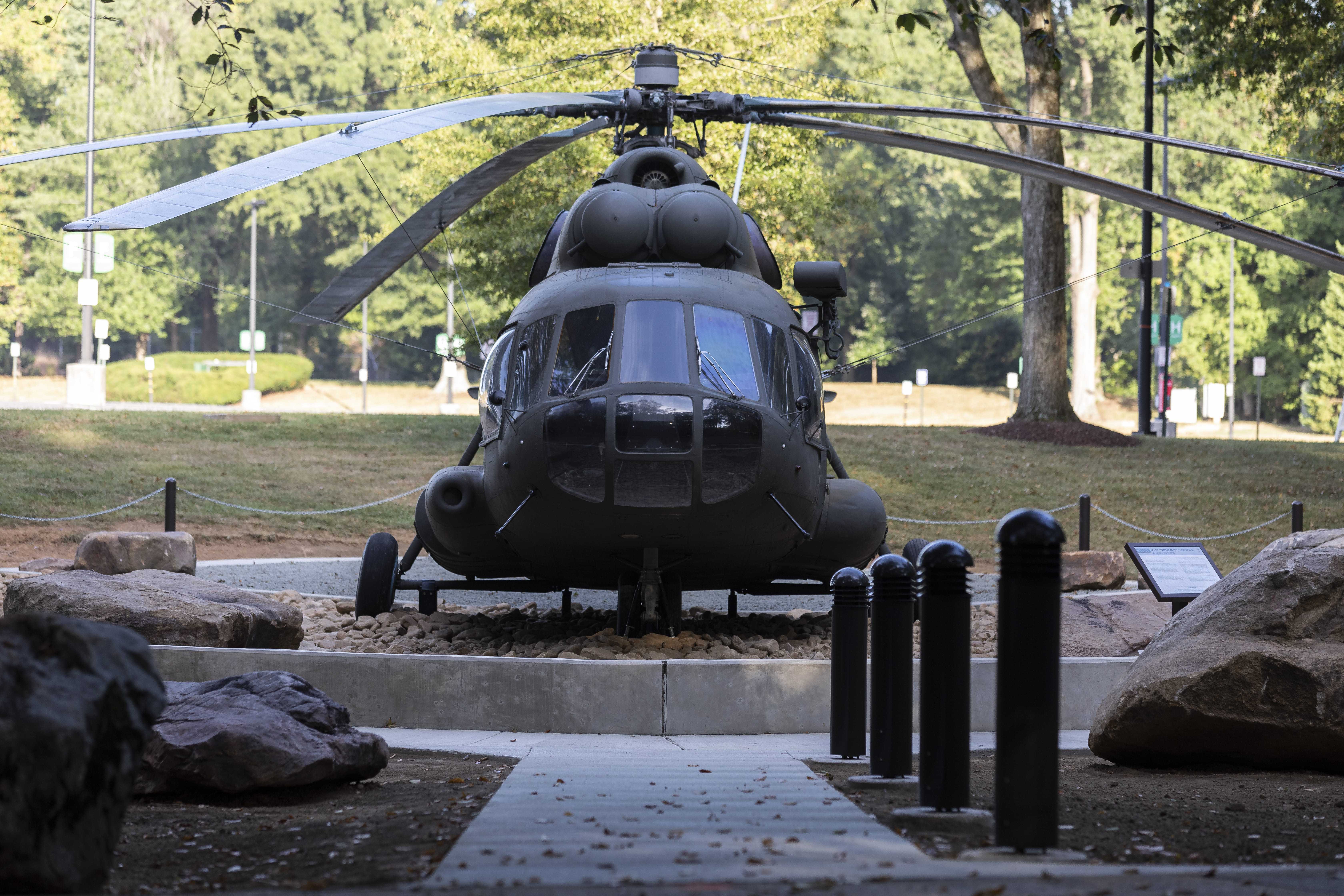Frontal view of Mi-17 helicopter on display at CIA Headquarters.