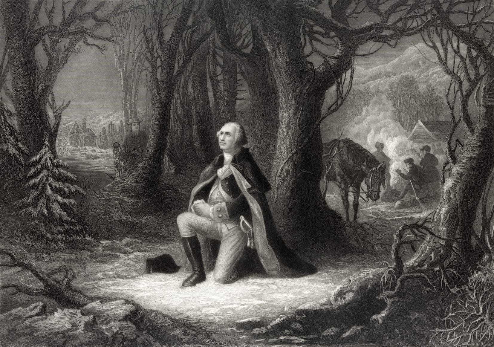 An black and white illustration of George Washington kneeling outside in a forest with the light shining on him.