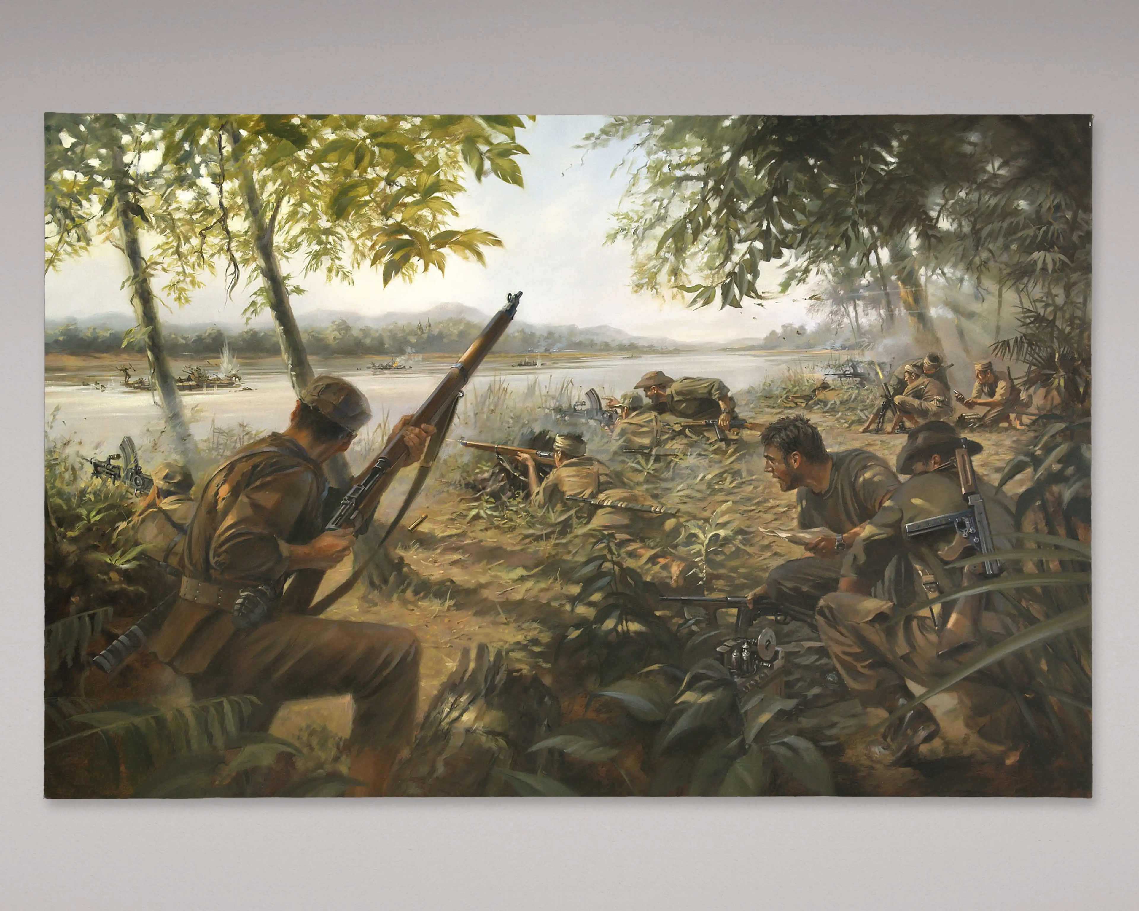 An oil painting of OSS-trained soldiers hiding in the brush to ambush Japanese soldiers on the river