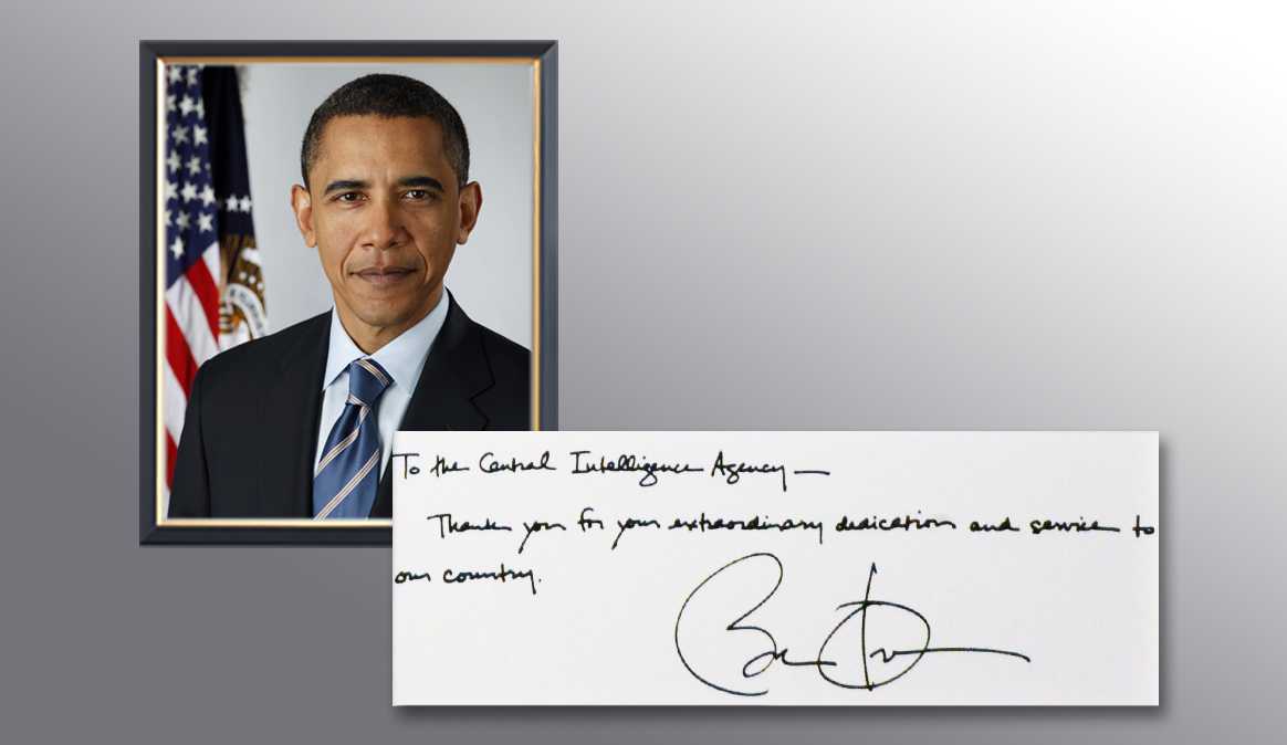A picture of President Obama and a handwritten note from him thanking the CIA for their services.
