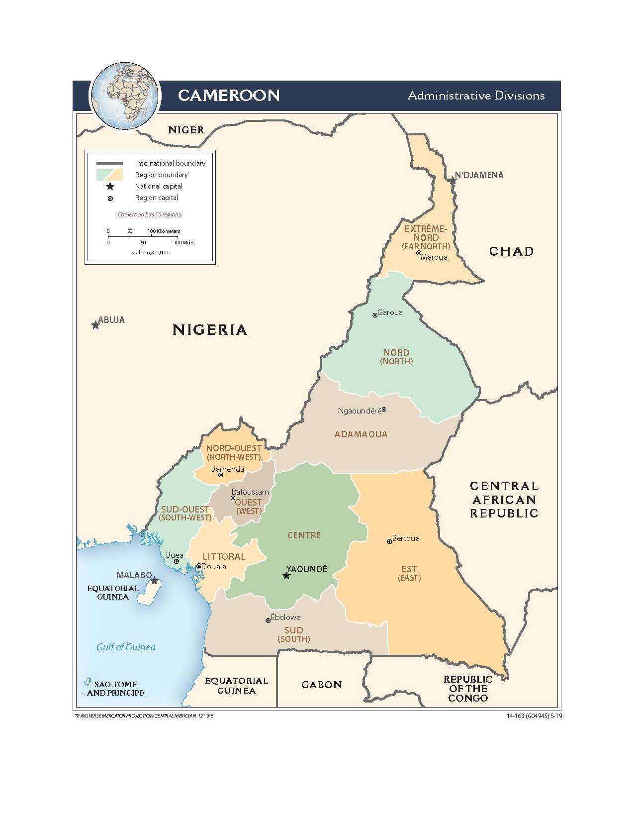 Administrative map of Cameroon.