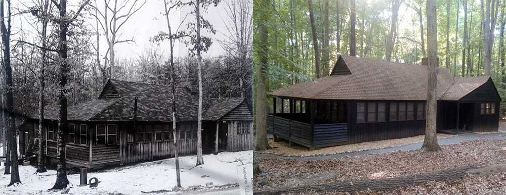 wooden building in the forest, then and now.