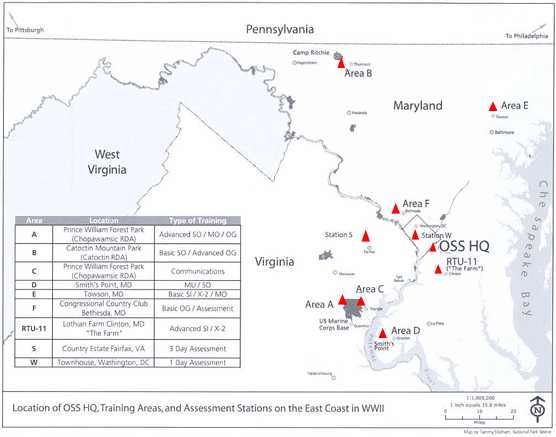 map depicting locations of OSS training camps in Maryland and Virginia.