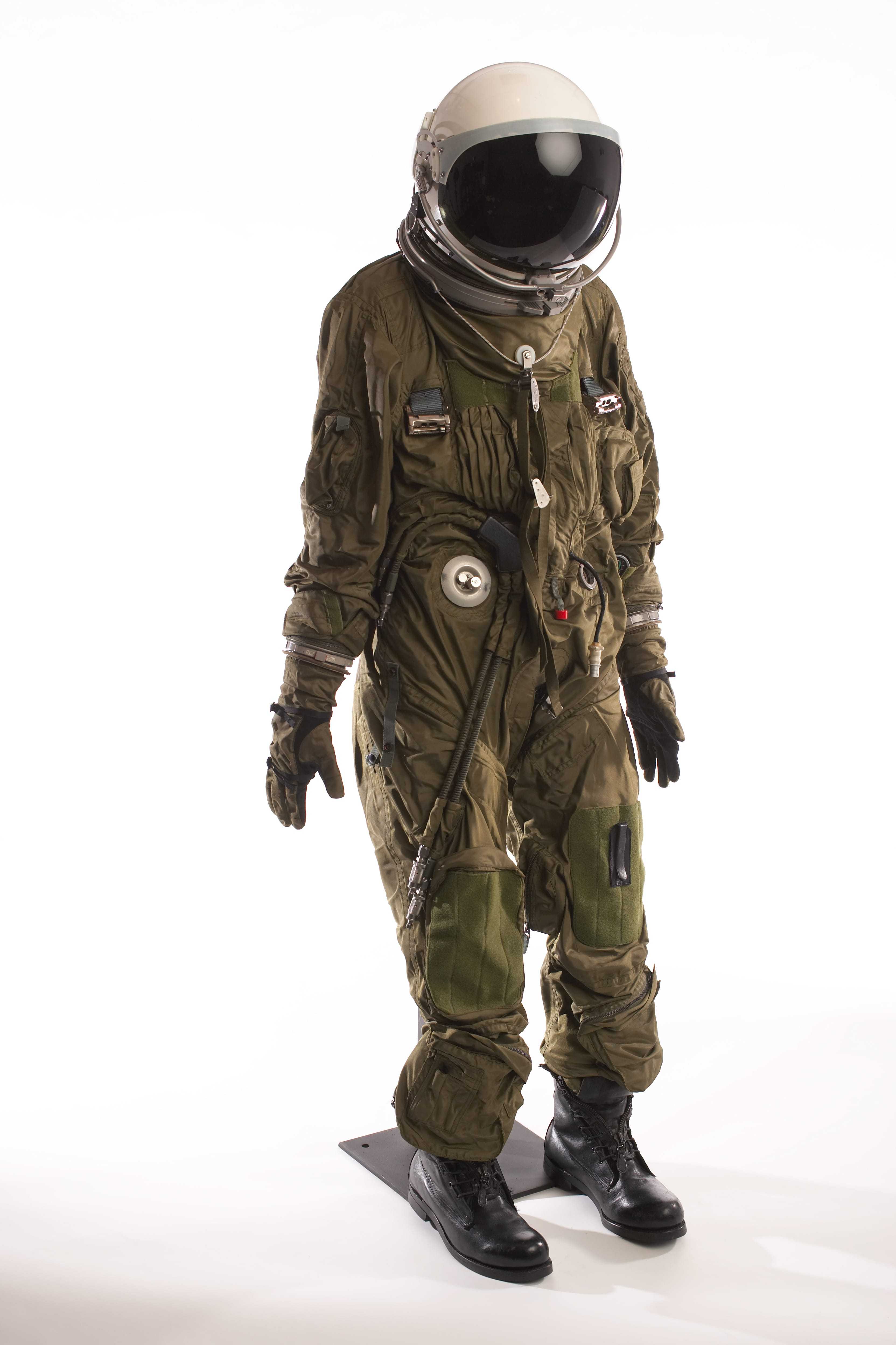 A grey bodysuit with gloves and hose attachments