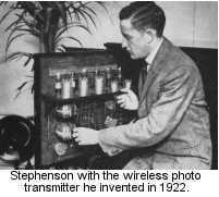 A black and white photograph of William Stephenson with an intricate contraption.
