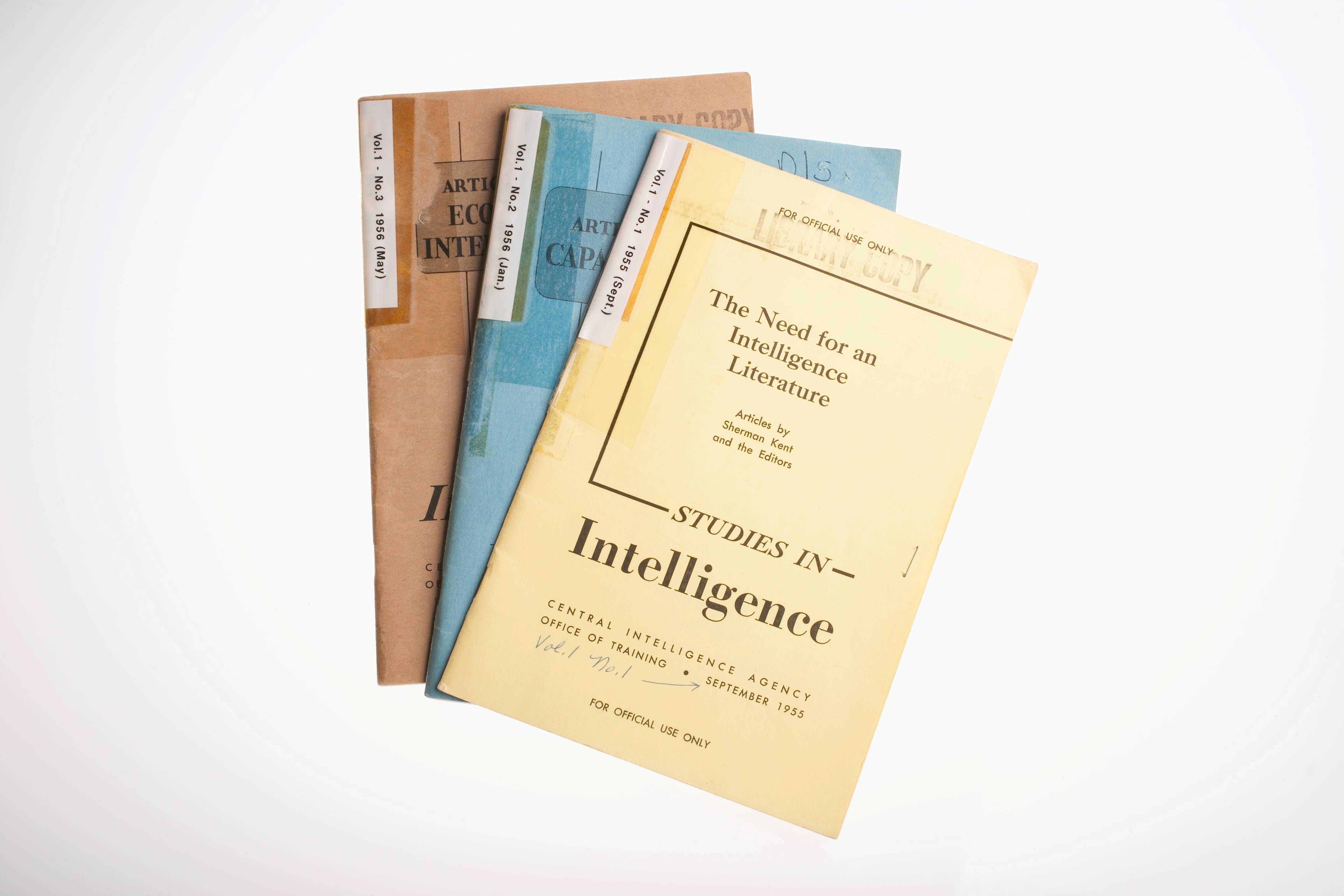 Three issues of Studies in Intelligence fanned out.