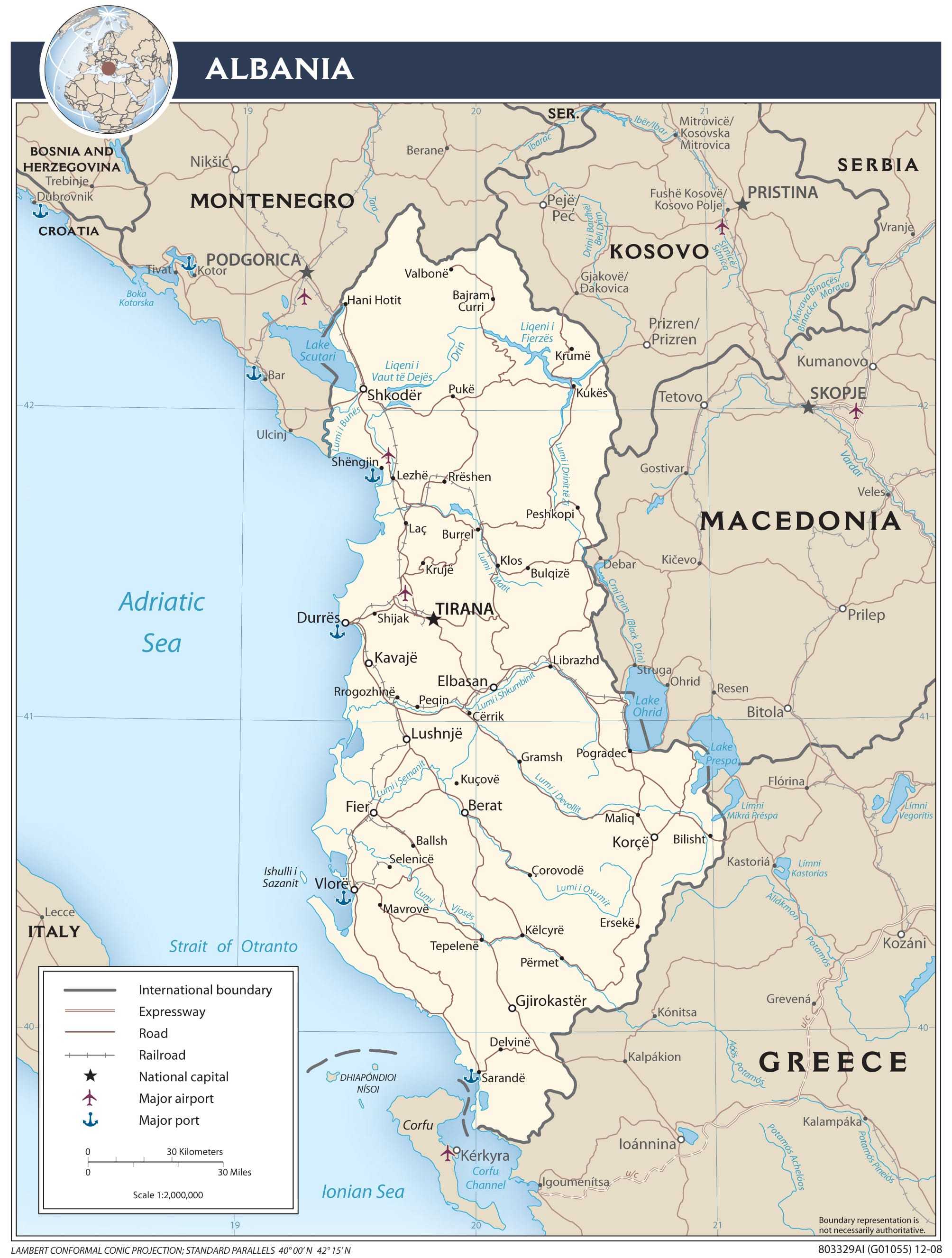 Transportation map of Albania.