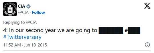 Twitter post that reads: "In our second year we are going to [REDACTED]" Hashtag: Twitterversary.
