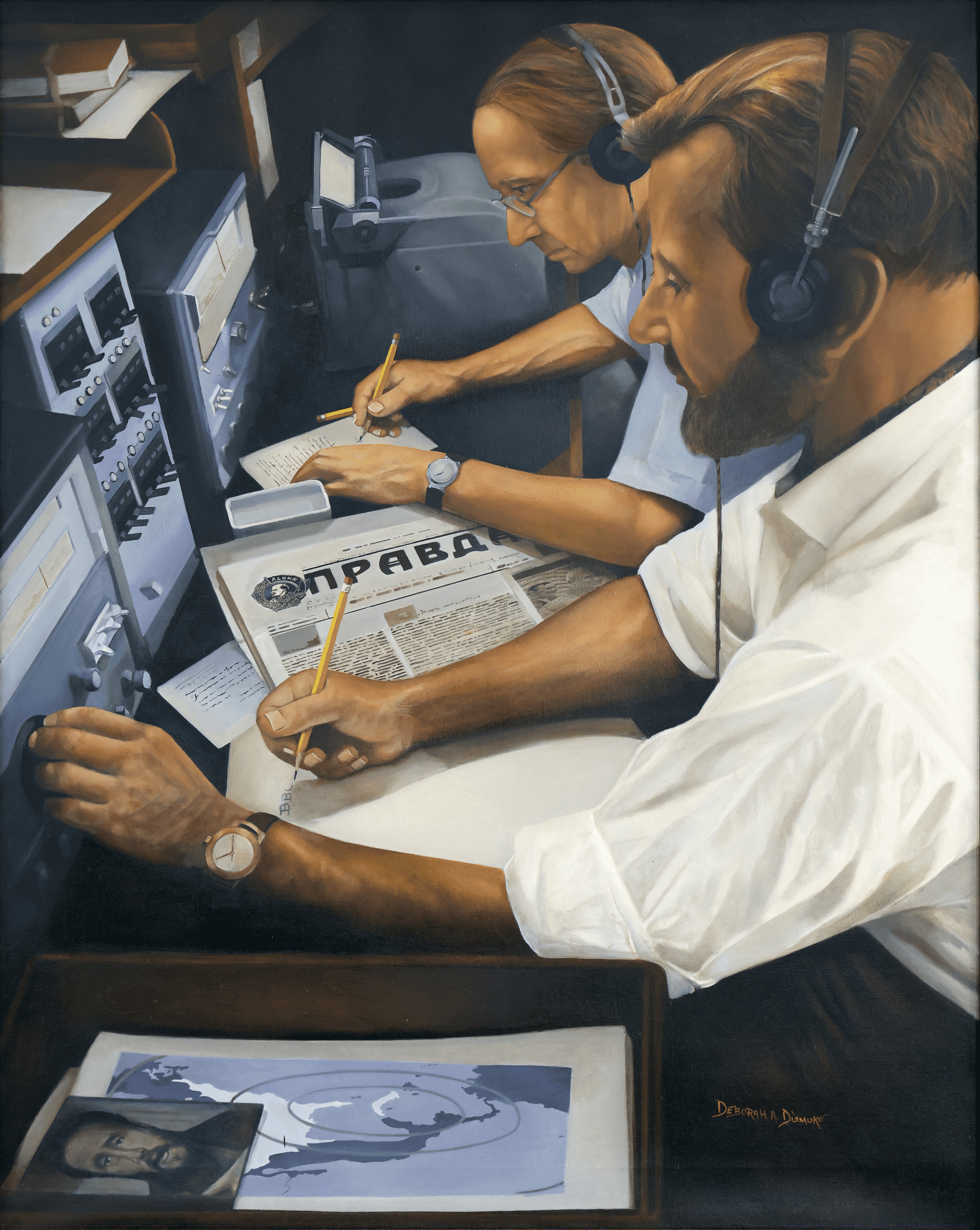 A painting depicting the monitoring and translation of a message broadcast.