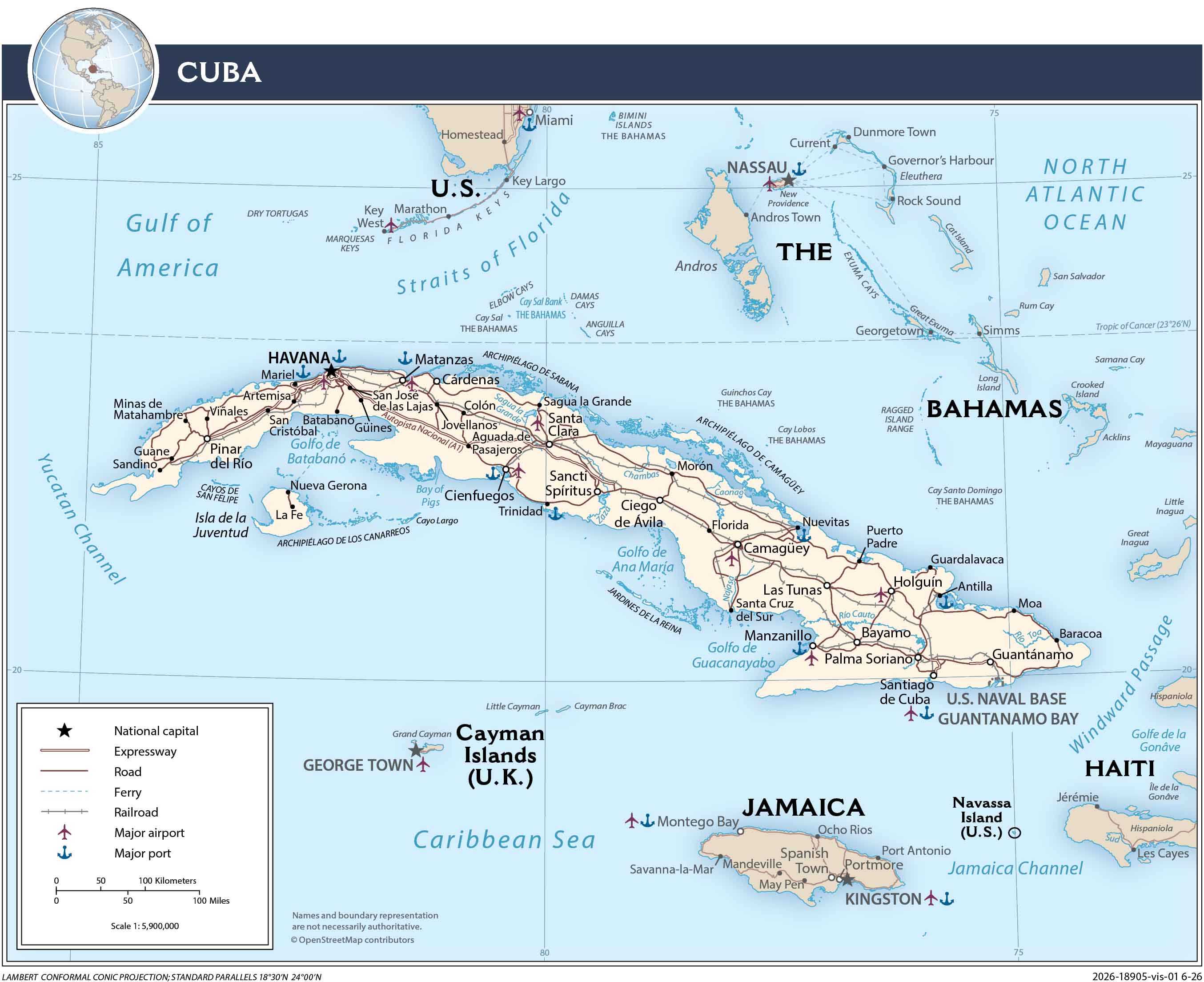 Transportation map of Cuba.