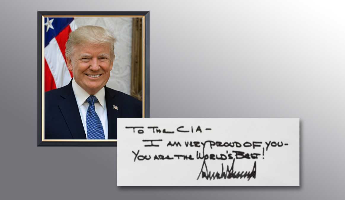A picture of President Trump and a handwritten note from him thanking the CIA for their services.