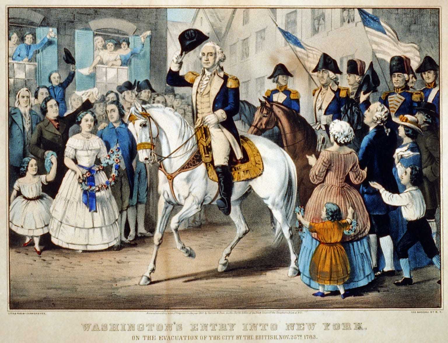 An illustration of George Washington on a white horse with several people surrounding him.